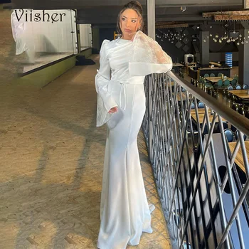 Сватбени рокли Viisher White Mermaid от дантела с дълъг ръкав и сатен Дубай Израел Рокля на булката с лък и панделки Модерни сватбени рокли за младоженци