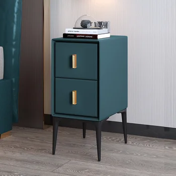 Скандинавски ултра-тесен кожен малка странична масичка Модерен минималистичен лампа за дома за спалня Луксозен странично шкафче от масивно дърво с малък рафт за бюро