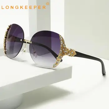 Слънчеви очила Longkeeper в стил пънк, големи слънчеви очила без рамки с диаманти, женски vintage слънчеви очила с кристали Uv400, женски мъжки нюанси