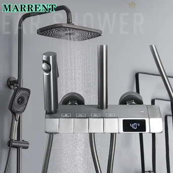 Смесители за цифров душ система сиво пиано, качествена месинг, термостатичен комплект за душ в банята, дъждовна накрайник за душ, меден кран за баня