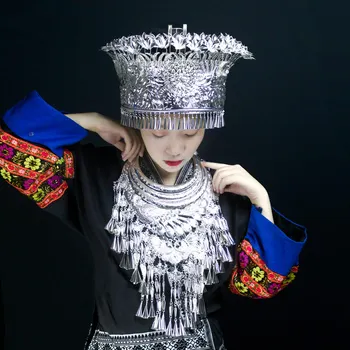 Танцов костюм за изяви на сцената шапка малцинство Мяо шапки ръчно изработени сто цвята сребърен медальон