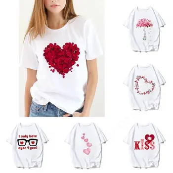 Тениска с изображение на Рози за Любов, Дамски Дрехи, Корейски Блузи с къс ръкав, Летни Ежедневни Тениски За момичета, Дрехи Оверсайз Тениска