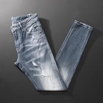 Уличната мода Мъжки дънки с високо качество ретро сиво-сини разтеглив плътно прилепнали скъсани дънки за мъже реколта дизайнерски маркови панталони Hombre