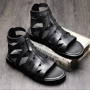 Черни модни летни римски сандали от естествена кожа в римски стил с високо голенищем, мъжки сандали с цип, плажни улични сандали