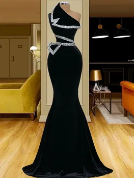 Черно бархатное женски луксозна вечерна рокля-русалка с едно рамо, без ръкави за официални партита, дълга рокля за бала, халат 2023