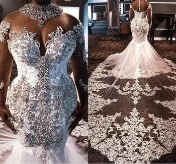 Южна африка сватбени рокли на Русалка, дантелени кристали, beading, дълги ръкави, сватбена рокля с високо деколте, големи размери, рокли