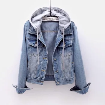 Яке за жени, джинсовое късо палто, 2023, пролетно-есенна корея, нова приталенная яке с дълъг ръкав и качулка, палта за жени