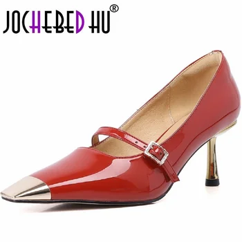 【JOCHEBED HU】, качествени дамски обувки-лодка от лъскава естествена кожа на средно тънък ток 7 см, женски обувки Mary Janes за парти